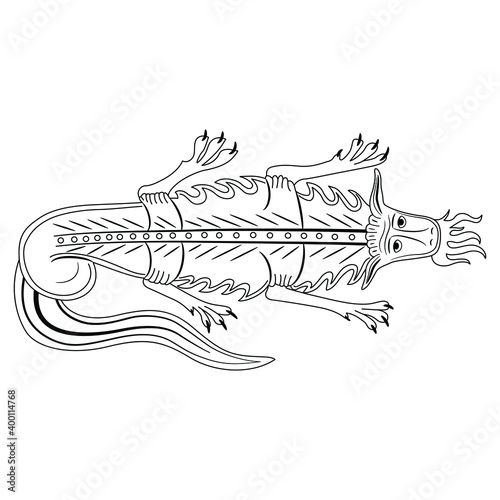 Funny medieval dragon spitting fire. Gothic illuminated manuscript decor. Fantastic monster animal. Black and white linear silhouette.