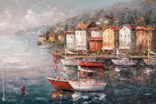 Photography Marina of an old coastal town with sailing yachts. Oil painting