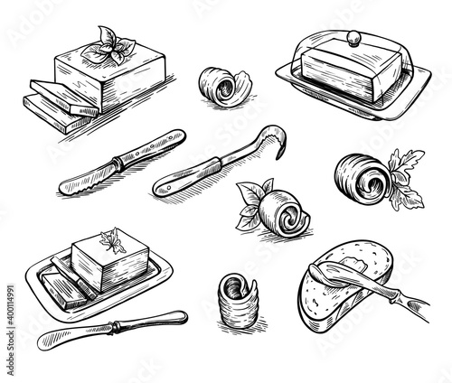 Butter. natural farm products. set of vector sketches