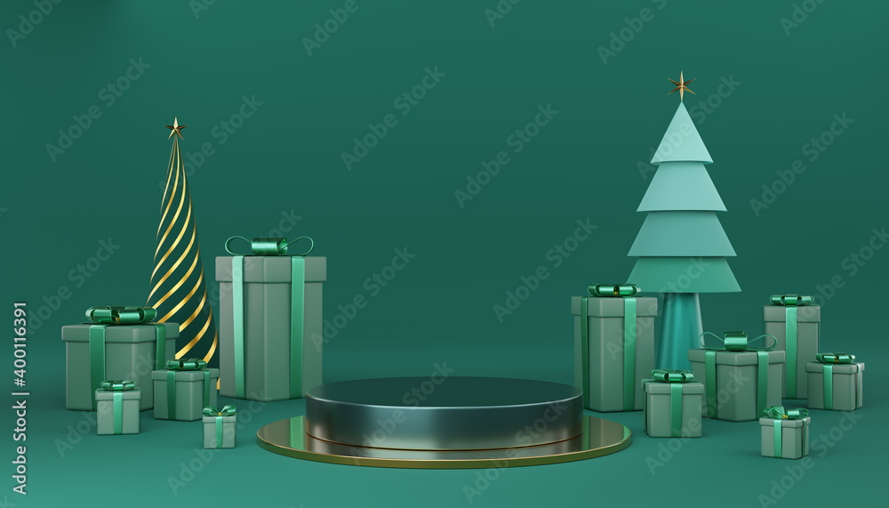 Empty green and gold cylinder podium with green gift box, pine trees and star on green background. Abstract minimal studio 3d geometric for Christmas. Mockup for Merry Christmas. 3d rendering.