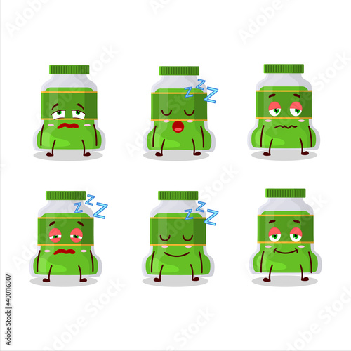 Cartoon character of pesto bottle with sleepy expression