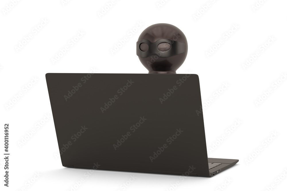 Abstract thief character and laptop Isolated On White Background, 3D rendering. 3D illustration.