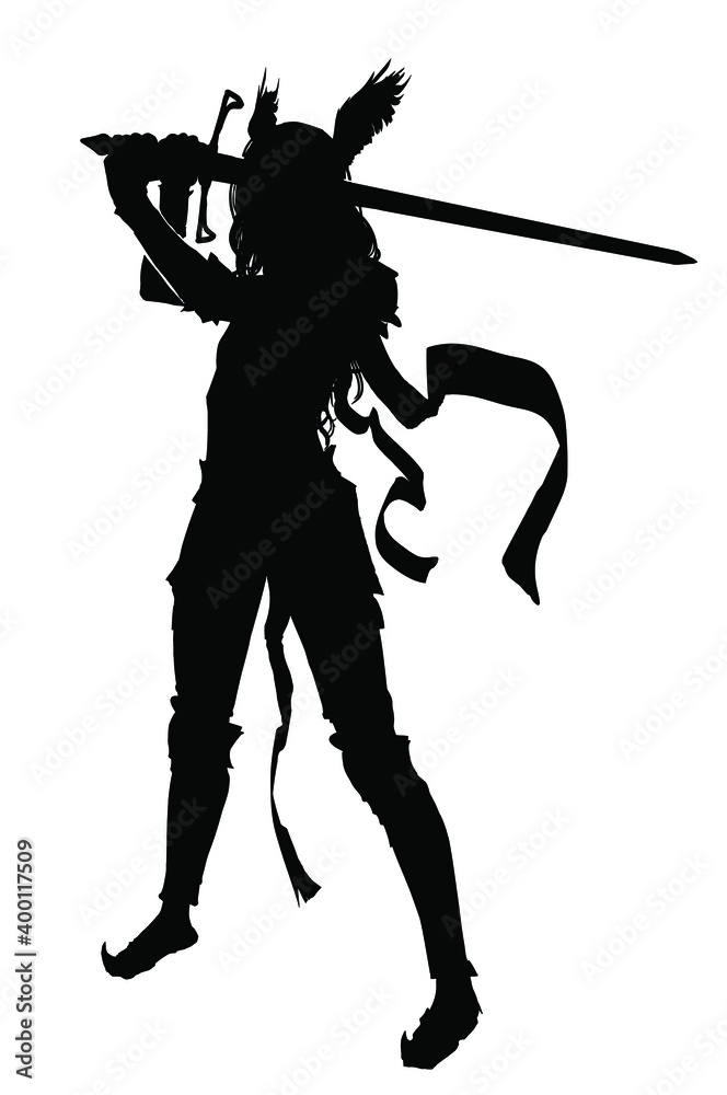 The black silhouette of a young warrior girl with wings on her head and a long sword at the ready, she has long wavy hair, she wears plate armor and waving ribbons . 2d illustration. The black silhouette of a young warrior girl with wings on her head and a long sword at the ready, she has long wavy hair, she wears plate armor and waving ribbons . 2d illustration.