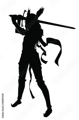 The black silhouette of a young warrior girl with wings on her head and a long sword at the ready, she has long wavy hair, she wears plate armor and waving ribbons . 2d illustration.