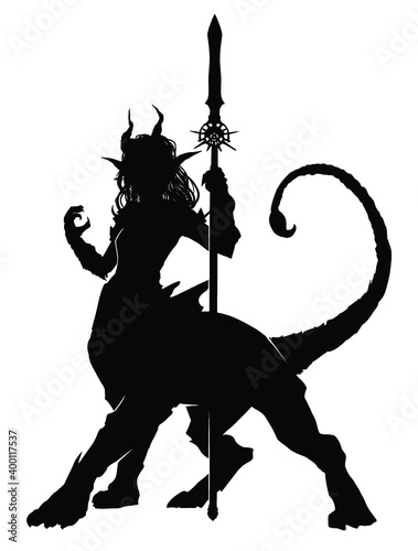 Canvas Print Black silhouette of a chimera girl with the horns of a lion's body, and the tail of a scorpion, she has a symmetrical spiked spear in her hands