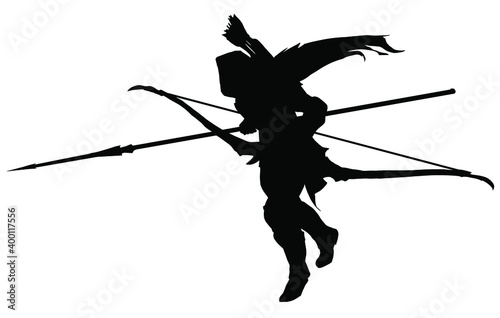 Black silhouette of an elf archer girl running like a spy with a long spear in her hands, she has a huge bow quiver of arrows and a cloak with a scarf. 2d illustration.