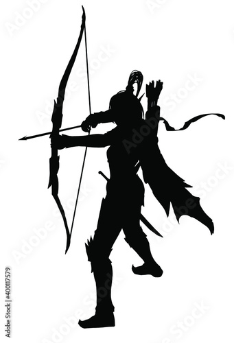 the black silhouette of an elf archer girl, in a stance with a taut bowstring, aims and is ready to shoot, she has a huge bow of arrows and a cloak with a scarf. 2d illustration.