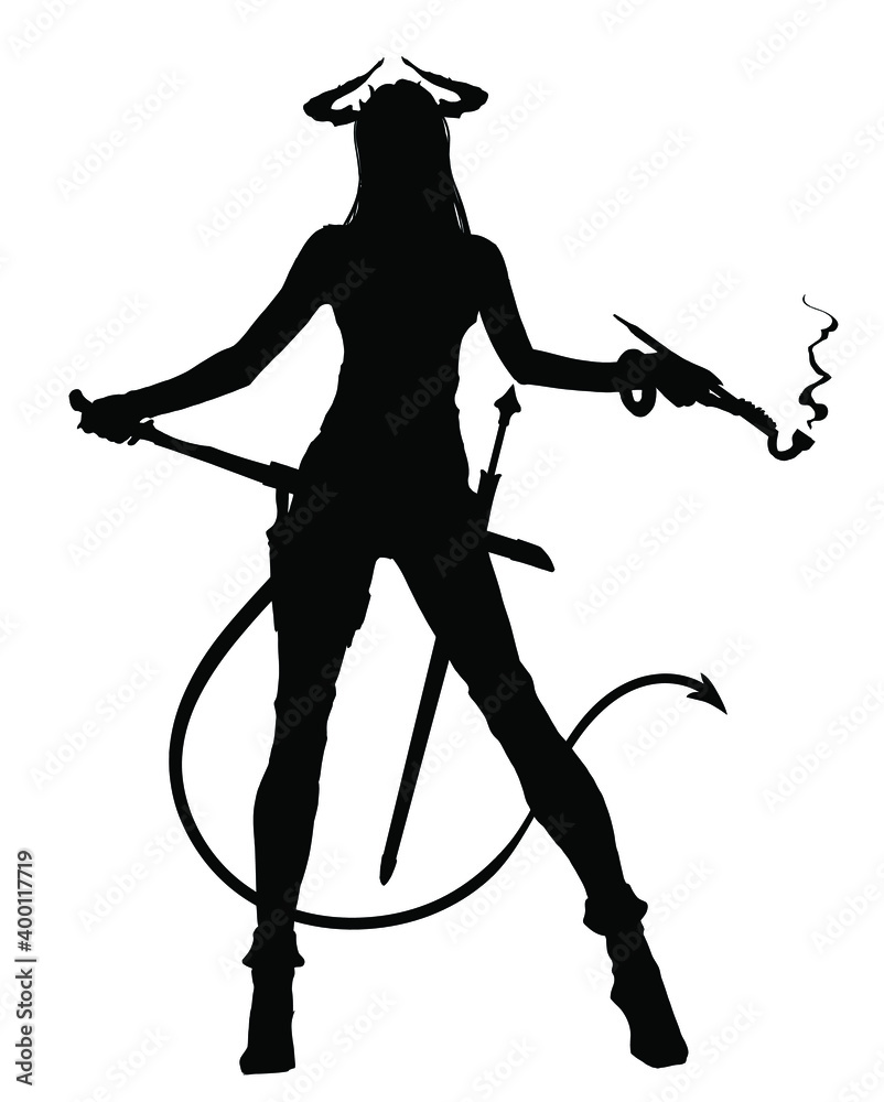 The black silhouette of a demon warrior standing in a vulgar pose and  smoking a pipe
