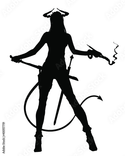 The black silhouette of a demon warrior standing in a vulgar pose and smoking a pipe, she is ready for a fight and takes out a blade from behind her back, she has a long wriggling tail. 2d 