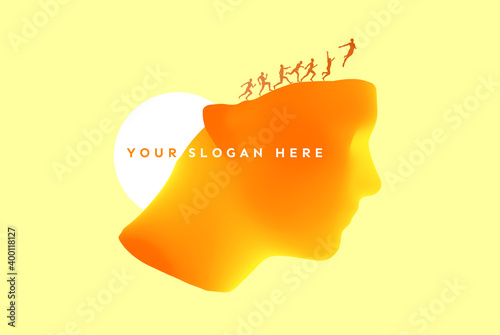 Personal development concept. Thoughts about leadership, freedom or happiness. Vector illustration with people silhouette.