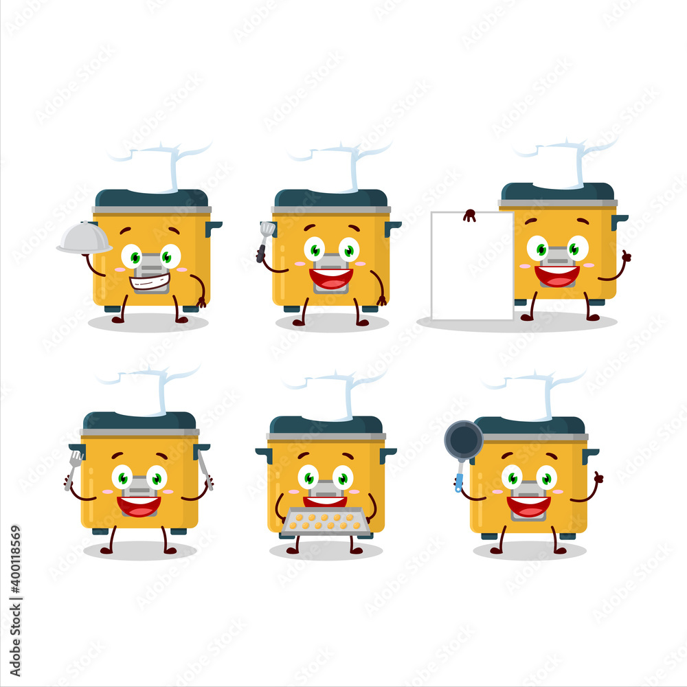 Cartoon character of rice cooker with various chef emoticons
