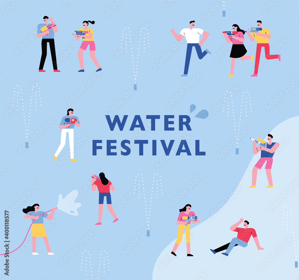 Water gun festival poster. People come to the streets and play with water guns. flat design style minimal vector illustration. Water gun festival poster. People come to the streets and play with water guns. flat design style minimal vector illustration.