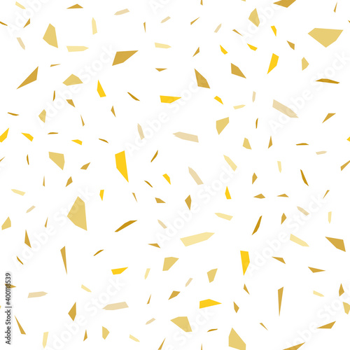 Golden falling confetti. Invitation card on yellow backdrop. Seamless pattern. Party invitation. Festive banner template.
