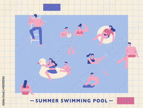 People are playing in the swimming pool. Swimming pool background and simple people characters. flat design style minimal vector illustration.
