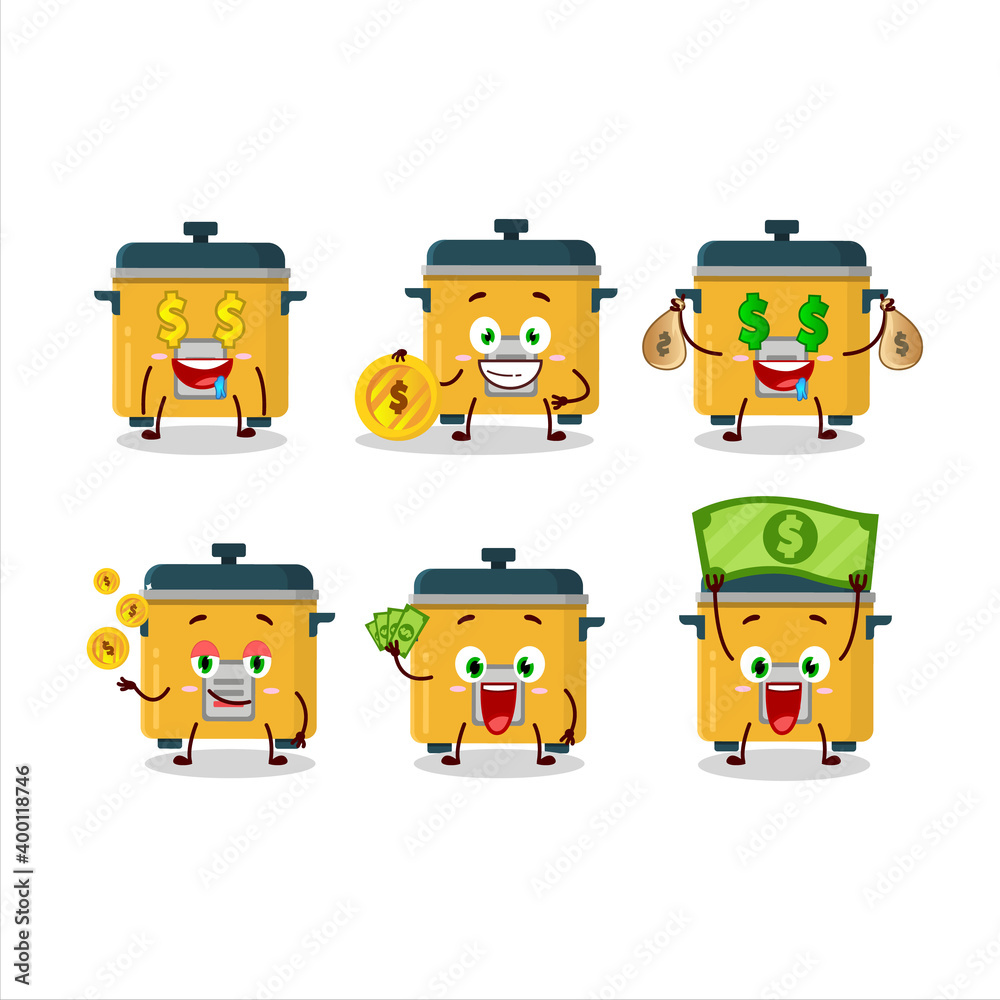 Rice cooker cartoon character with cute emoticon bring money Rice cooker cartoon character with cute emoticon bring money