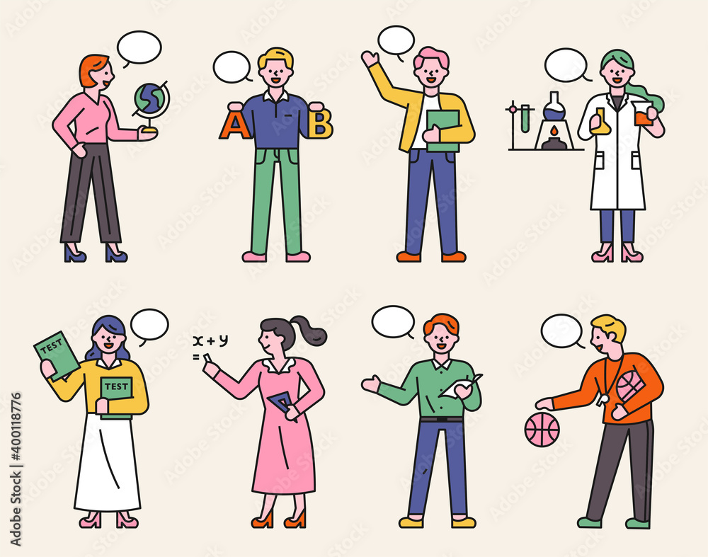 A collection of teacher characters in various subjects. People stand with various class subject icons in their hands. flat design style minimal vector illustration.
