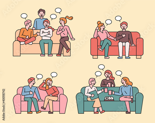Friends are sitting on the sofa and chatting. A group of friends sitting on the couch and having a conversation. flat design style minimal vector illustration.
