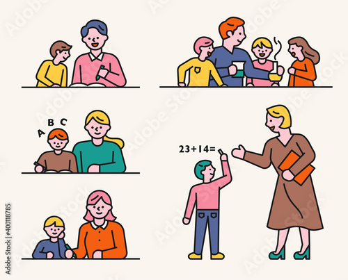 The teacher and student are studying together. Students are learning a variety of subjects. flat design style minimal vector illustration.