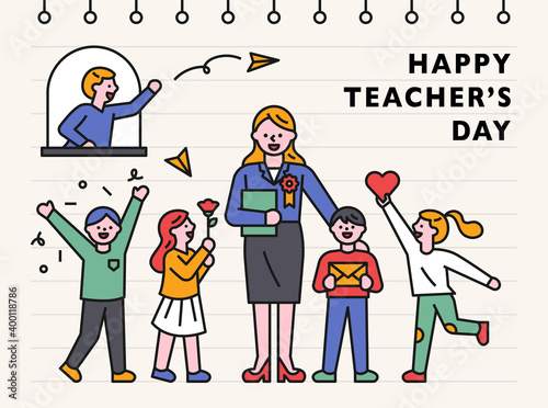 Teacher's Day banner template. Children are giving their teachers gifts of love and gratitude. flat design style minimal vector illustration.