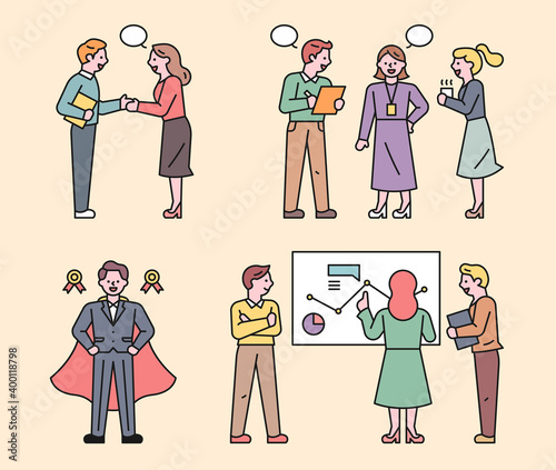 Business people are working as a team. People shake hands, give opinions, and give presentations. flat design style minimal vector illustration.