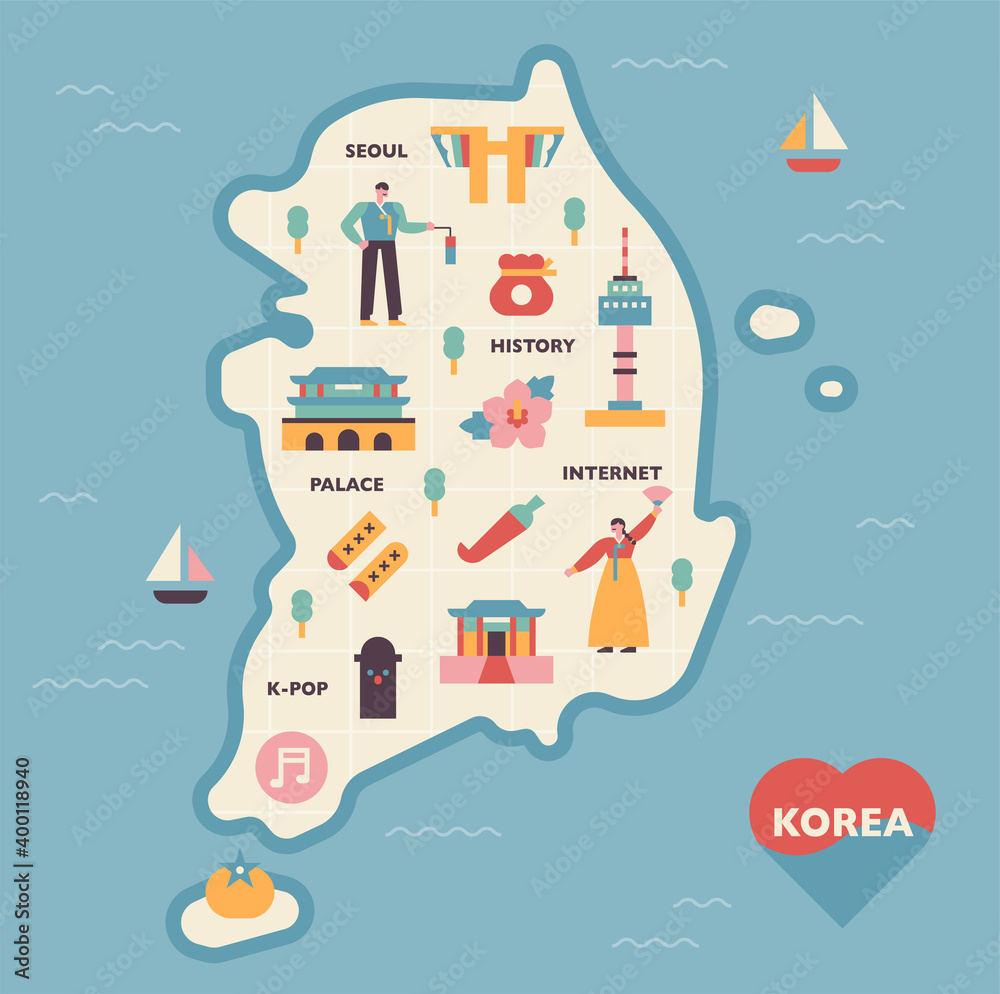 South Korea map and icons. Landmarks and cultural symbols are placed on the map frame. flat design style minimal vector illustration.