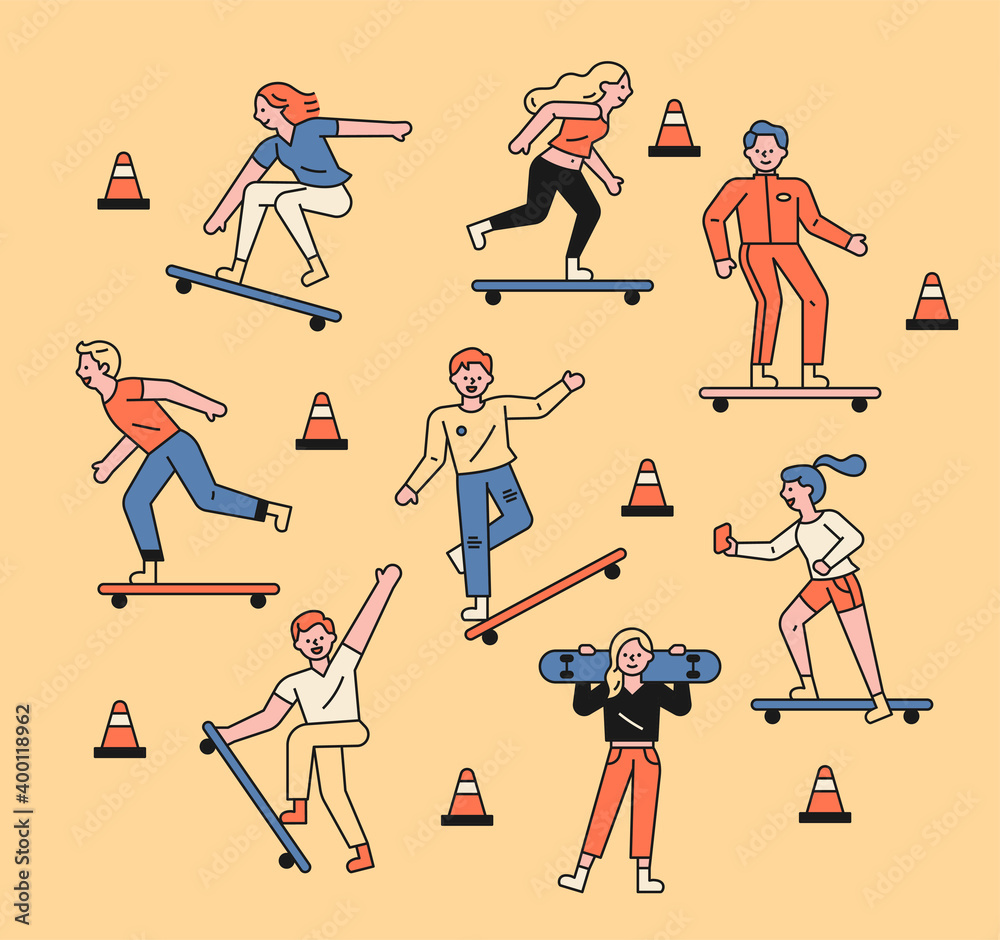 Young people riding skateboards. People who skateboard with various poses and tricks. flat design style minimal vector illustration.