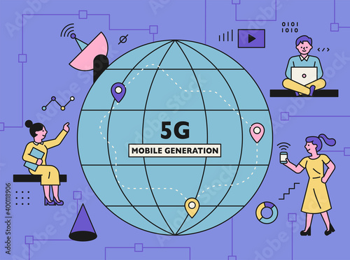 5G internet technology concept poster. People and technology icons using networks are decorated around the globe. flat design style minimal vector illustration.