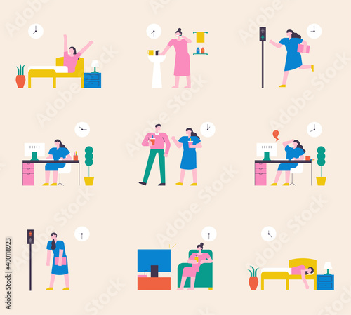 A woman's day routine. flat design style minimal vector illustration.