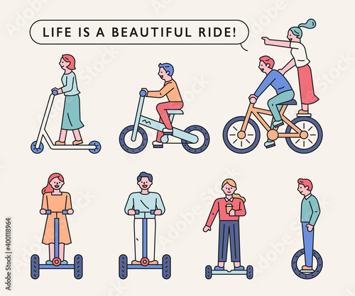 People are riding on various means of transportation. People riding bikes and scooter wheels. flat design style minimal vector illustration.
