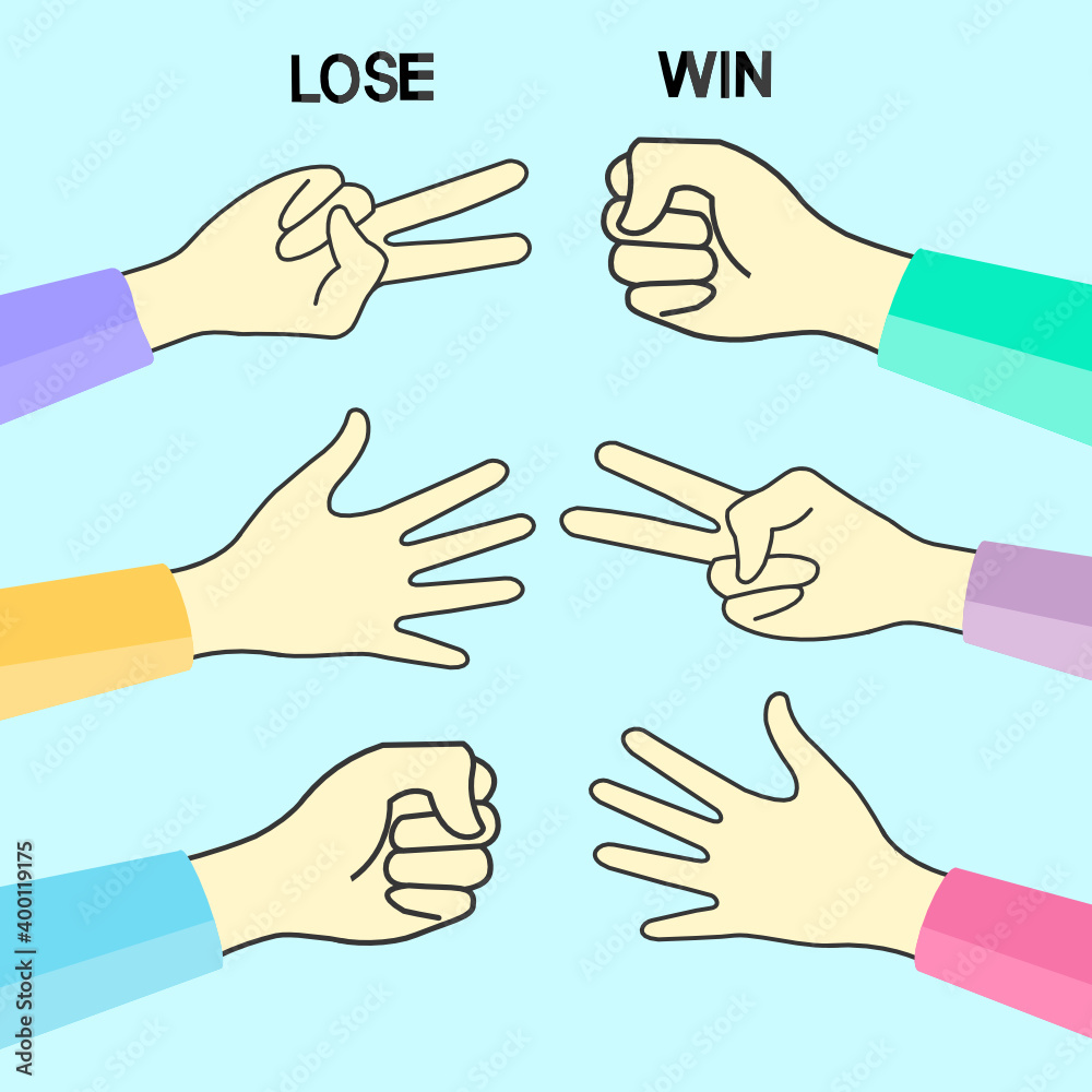 Hand game. Rock Paper Scissors on blue background.