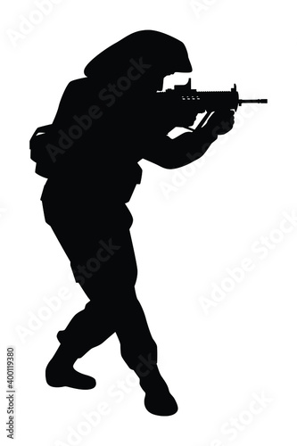 Israel soldier with rifle gun silhouette vector on white, middle east battle, military person concept in black and white.
