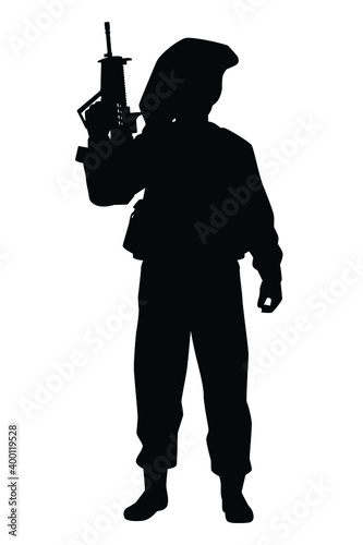 Israel soldier with rifle gun silhouette vector on white, middle east battle, military person concept in black and white.
