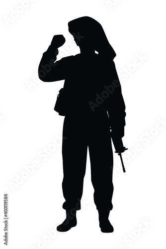 Israel soldier with rifle gun silhouette vector on white, middle east battle, military person concept in black and white.