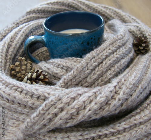 warm blue mug in the arms of a knitted scarf