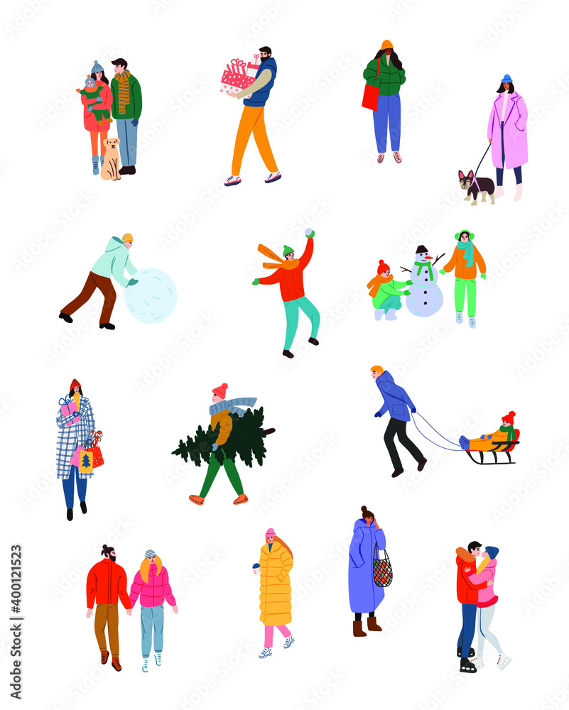 Winter people characters vector set. Winter outdoor activities. Flat vector illustration isolated on white Winter people characters vector set. Winter outdoor activities. Flat vector illustration isolated on white