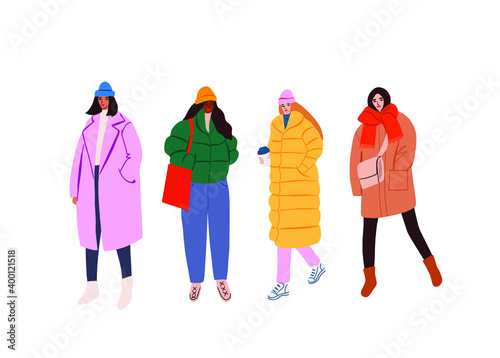 Set of fashion woman in trendy clothes vector cartoon illustration. Collection of classy colorful street style outwear female isolated.