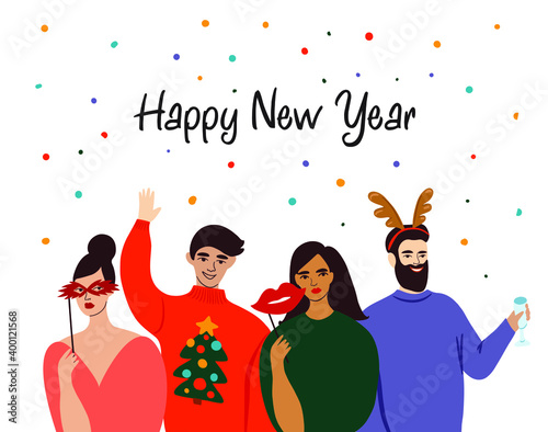 Christmas and Happy New Year illustration with people in carnival costumes. Trendy retro style. Vector design template.