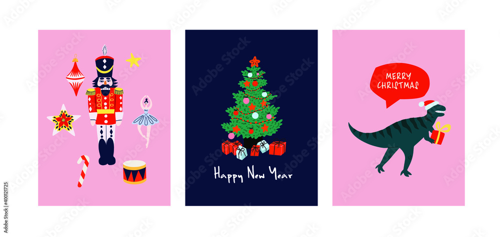 Set of Greeting card for Merry Christmas and Happy New Year. Illustration for flyer and booklet, brochure and website.