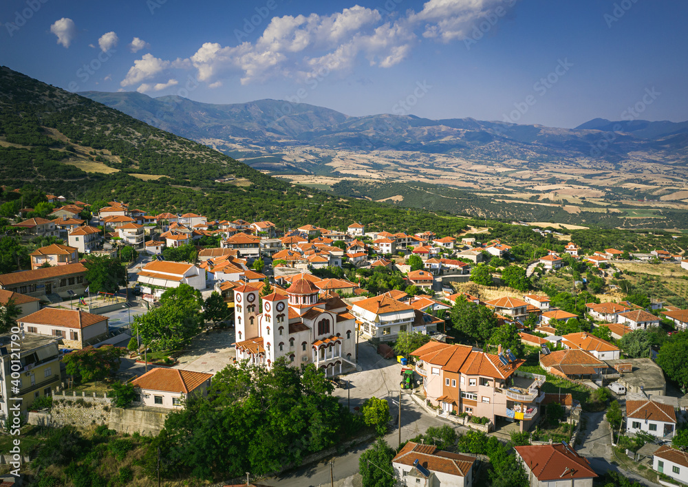 Sarantaporo village, church near the village aerial vie, Greece