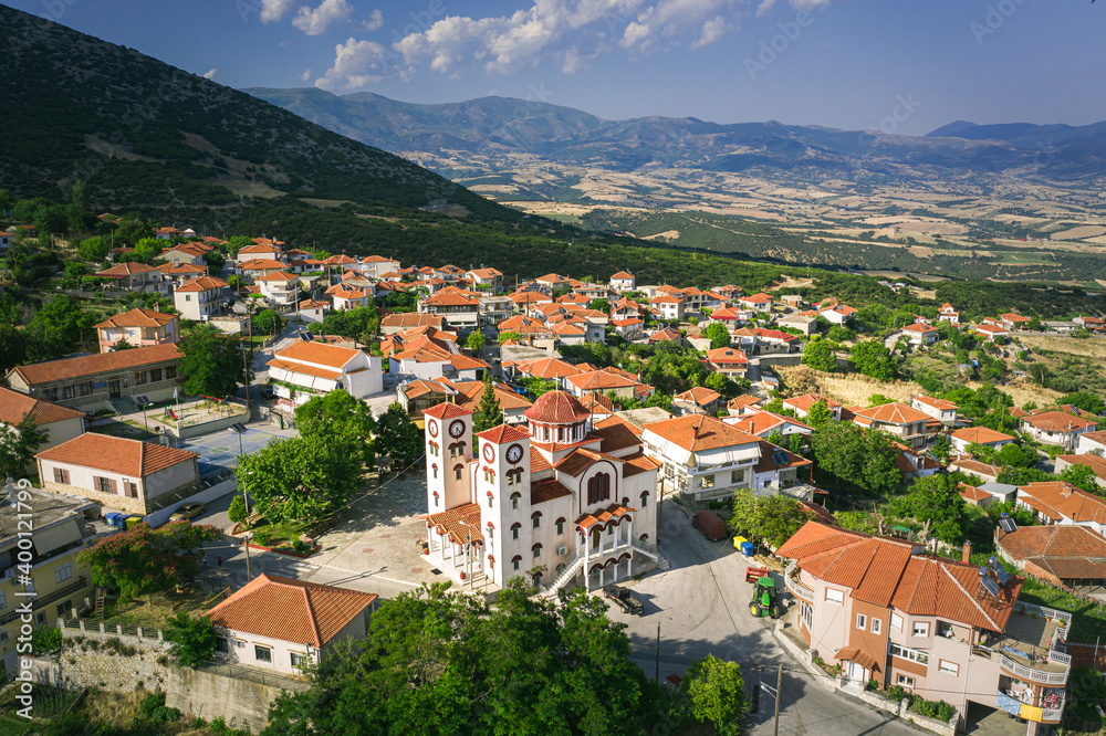 Sarantaporo village, church near the village aerial vie, Greece