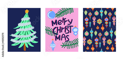 Wallpaper Mural Set of Greeting card for Merry Christmas and Happy New Year. Illustration for flyer and booklet, brochure and website. Torontodigital.ca