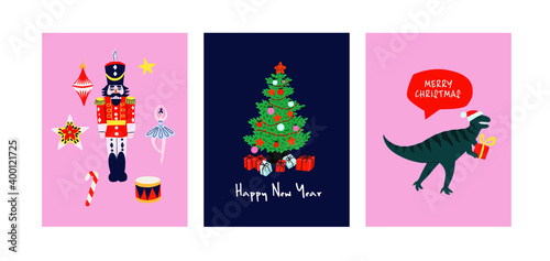 Set of Greeting card for Merry Christmas and Happy New Year. Illustration for flyer and booklet  brochure and website.