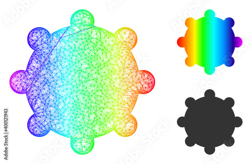 Spectral colored wire frame gear, and solid rainbow gradient gear icon. Wire carcass flat net abstract image based on gear icon, is created from crossed lines.