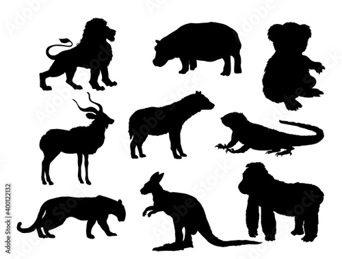 Set of animals silhouettes Gorilla Hippopottamus Heyna Iguana Jaguar Kngaroo Koala Kudu Lion