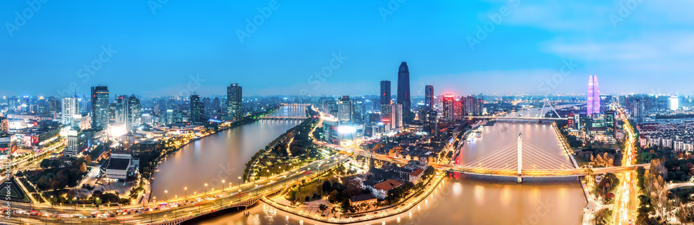 Aerial photography of Ningbo city architecture landscape night view