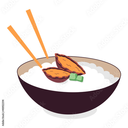 illustration with a cup of rice porridge with abalone. Modern design for packaging, paper, cover, fabric, interior decor, souvenirs and clothes