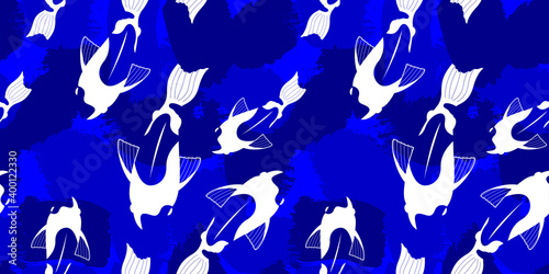 seamless pattern with koi carps on a textured background in indigo color.  for packaging, paper, cover, fabric, interior decor and clothes