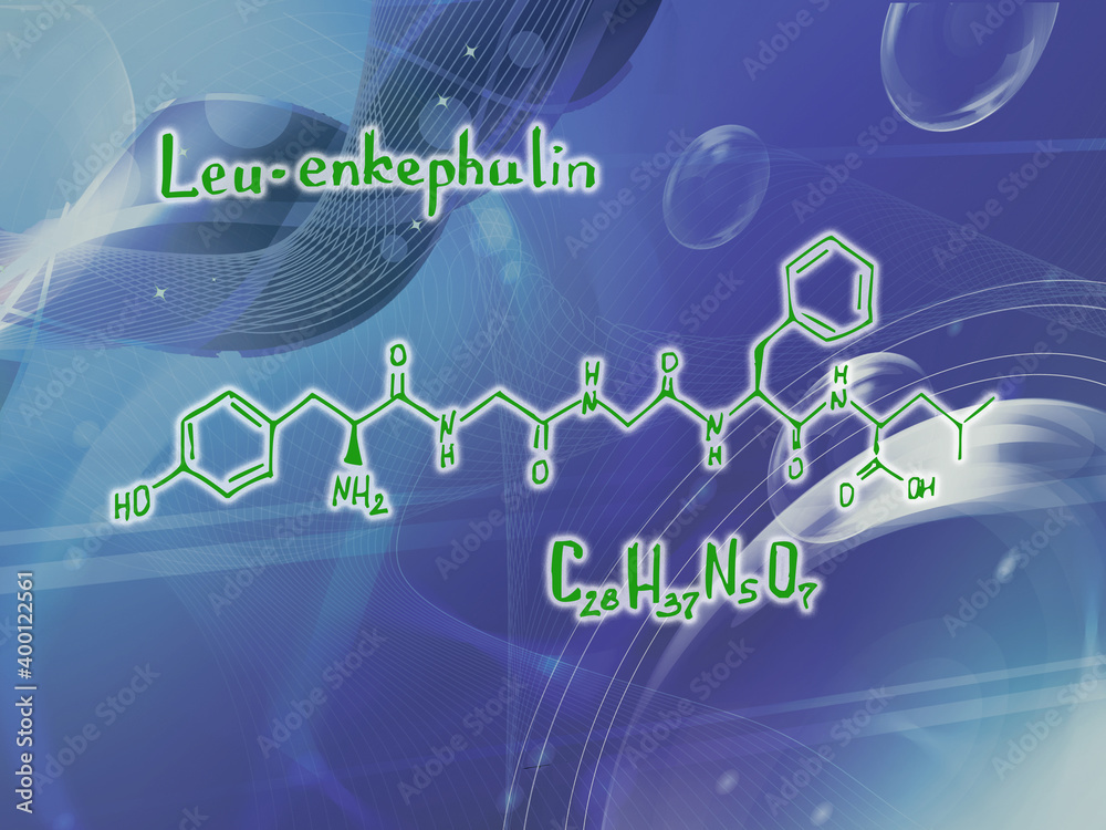 Chemical molecular formula of the hormone Leu-enkephalin W . Infographics. Abstract bright glitter blue background.