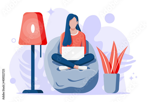 Freelancer girl in bean bag works at home. Comfortable workplace interior with plant, floor lamp. Young woman in chair with laptop. Remote work online education. Flat vector illustration