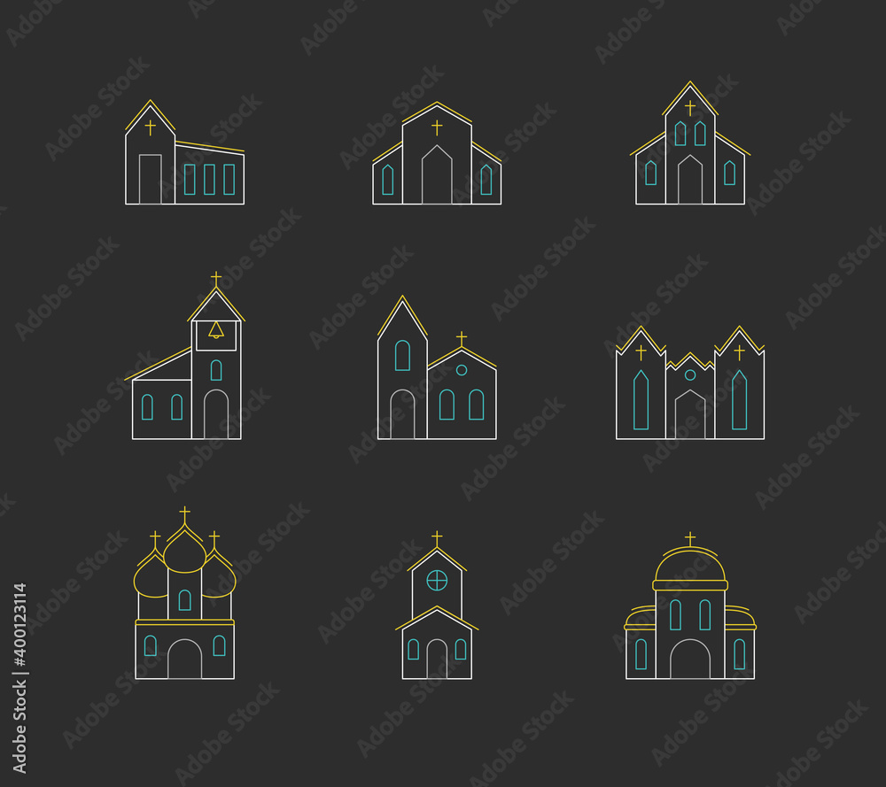 Vector set of icons of church buildings. Linear simple multicolored isolated icons in flat style on dark gray. Design template for web pages, apps and social networks.
